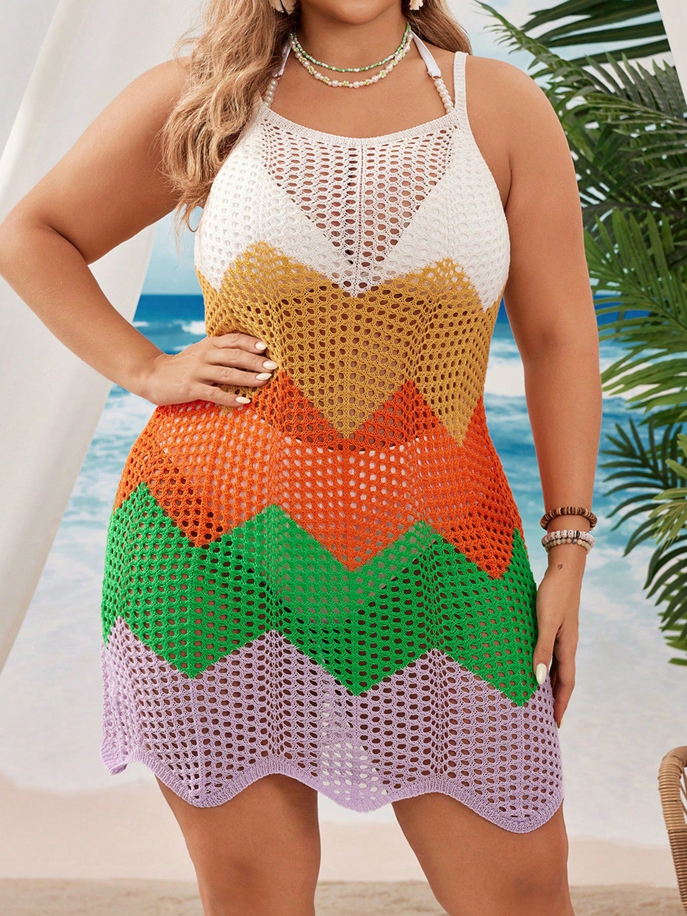 Saída de Praia Feminina Tricotada em Blocos de Cores - Helena