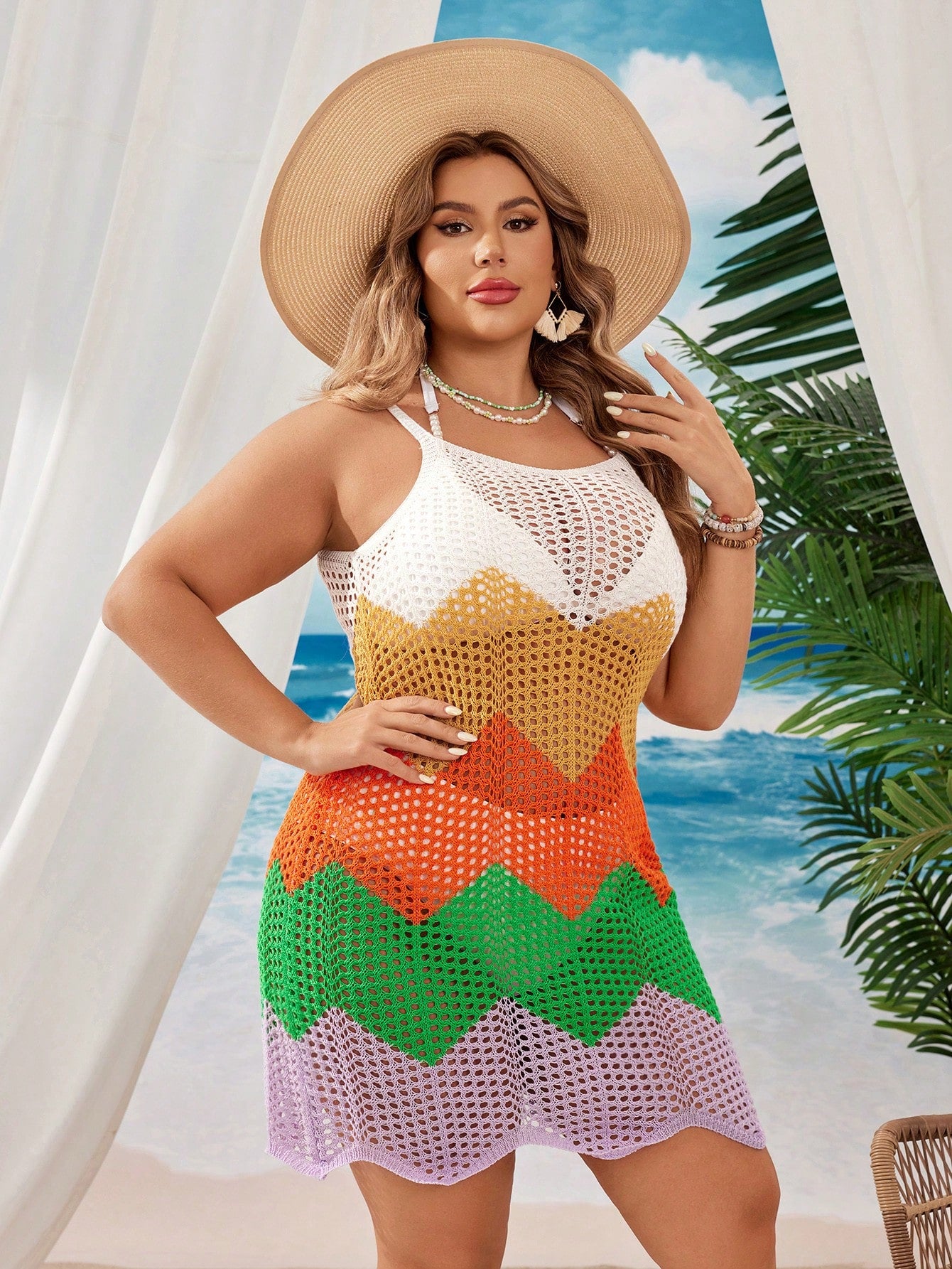 Saída de Praia Feminina Tricotada em Blocos de Cores - Helena