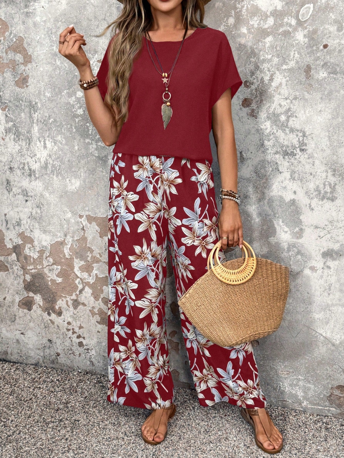 Conjunto Feminino Floral Soltinho Blusa e Calça Pantalona
