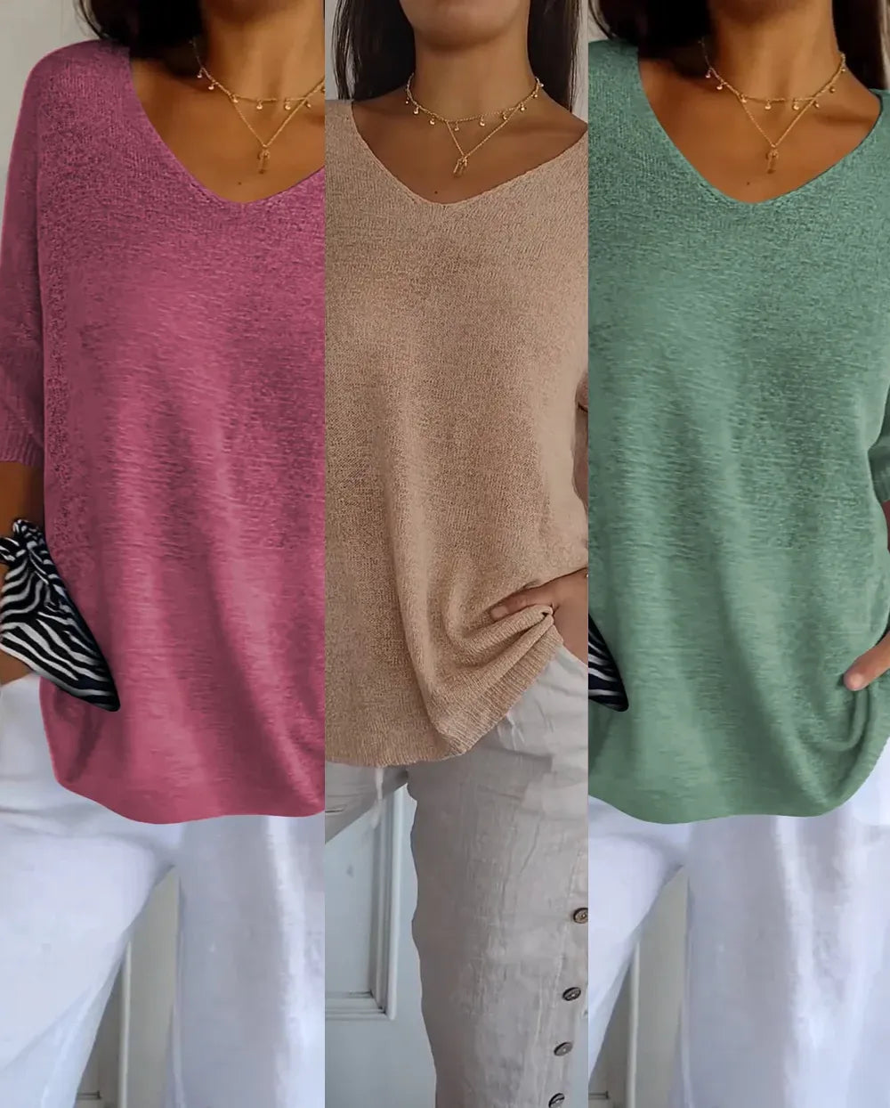 Kit 3 Blusas Luna® em Malha Leve – Decote V