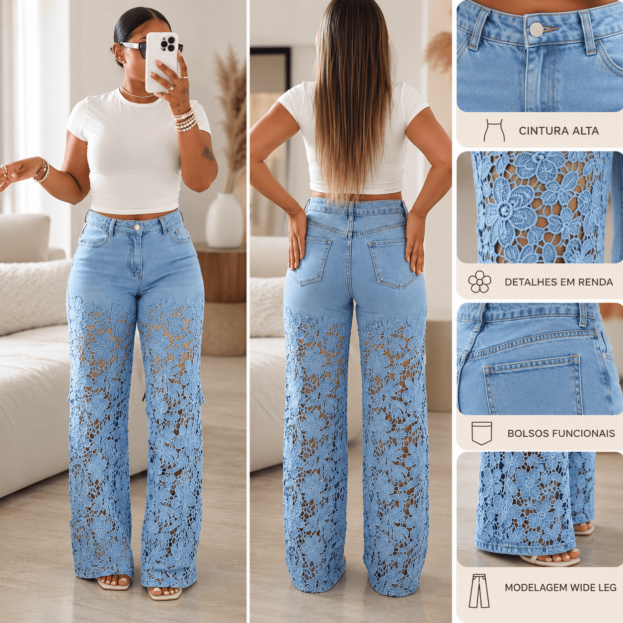 Calça Jeans Florença – Renda Floral.