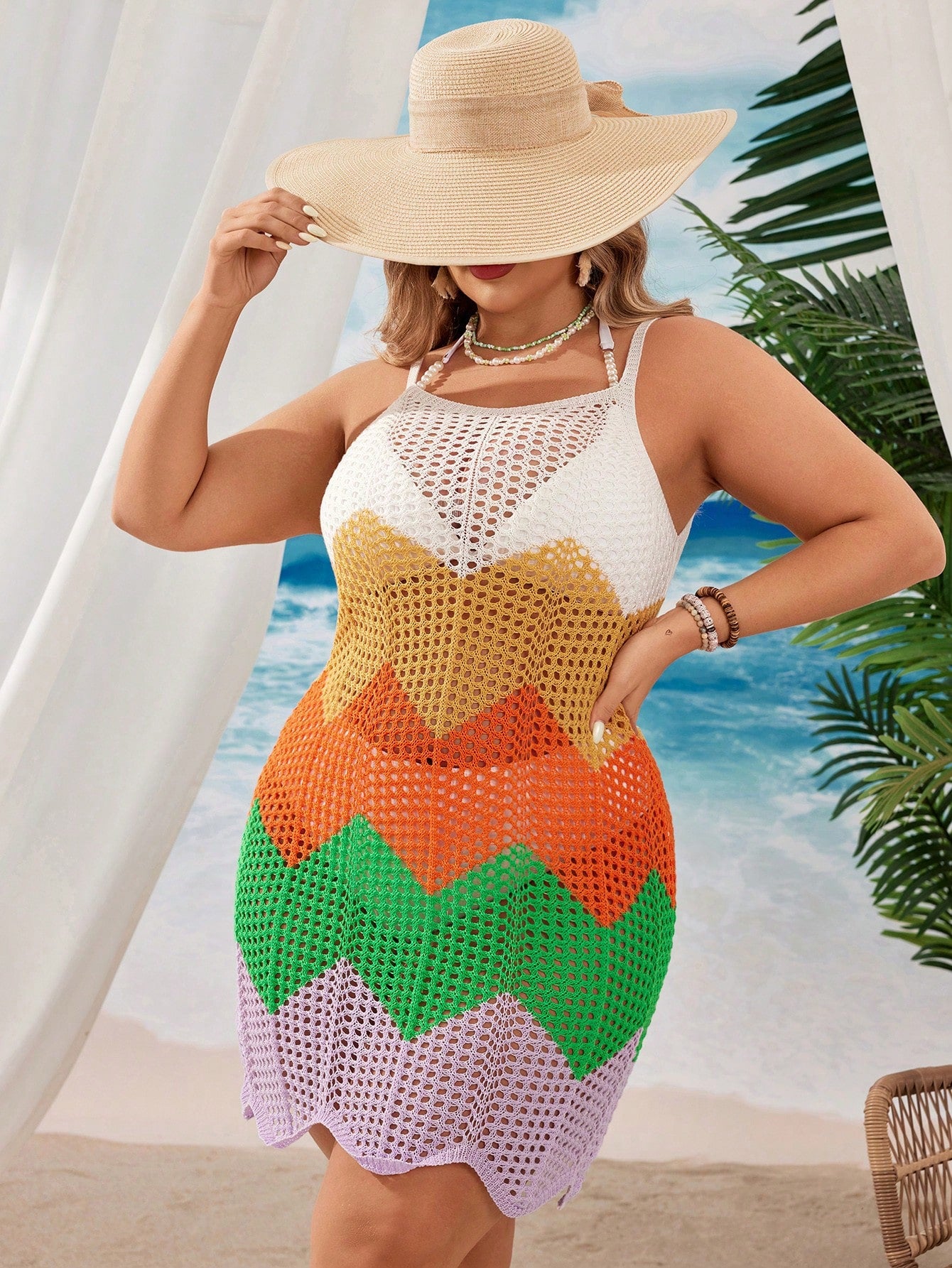 Saída de Praia Feminina Tricotada em Blocos de Cores - Helena