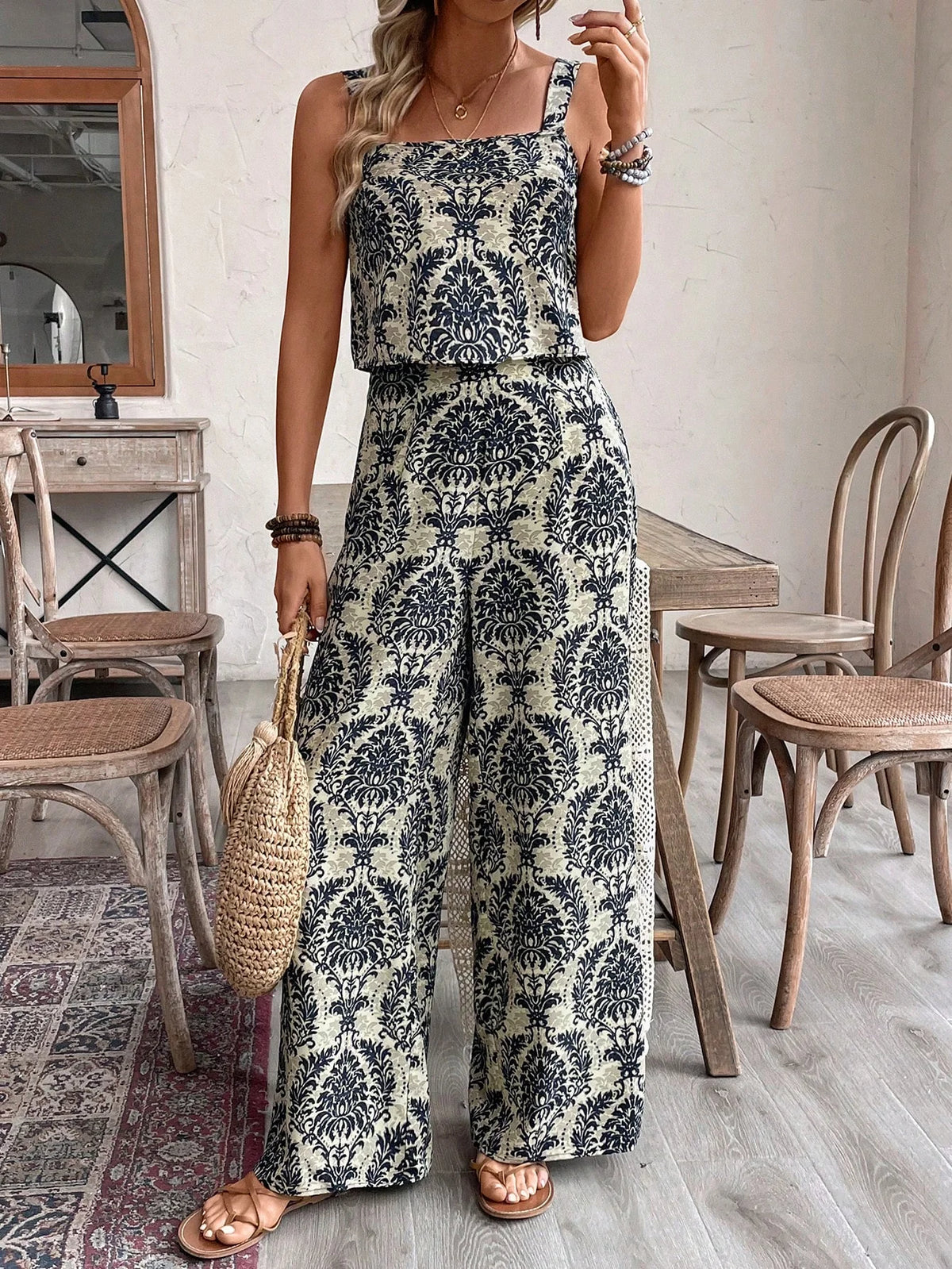 Conjunto Feminino Regata e Calça Soltinho Estampado Retrô