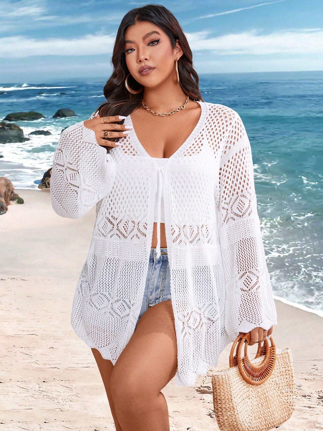 Cardigan Feminina de Praia Vazada com Amarração Frontal - Liana