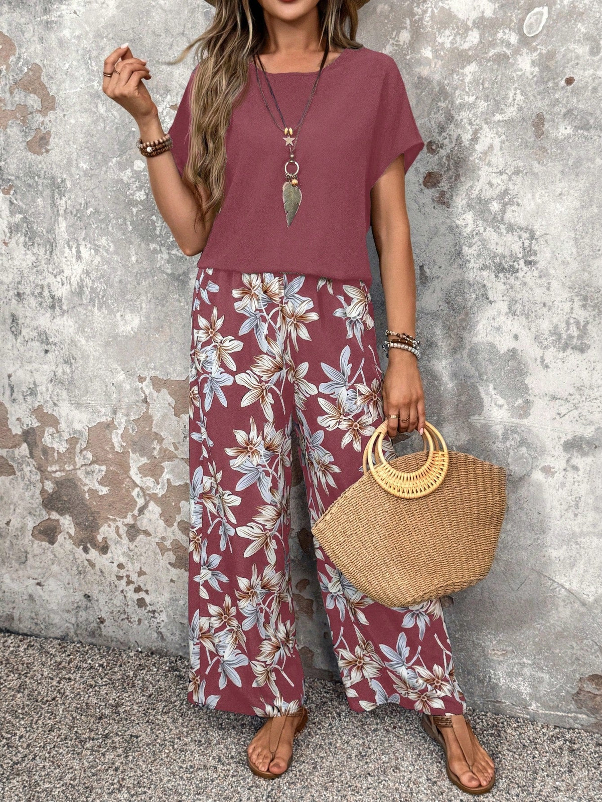 Conjunto Feminino Floral Soltinho Blusa e Calça Pantalona