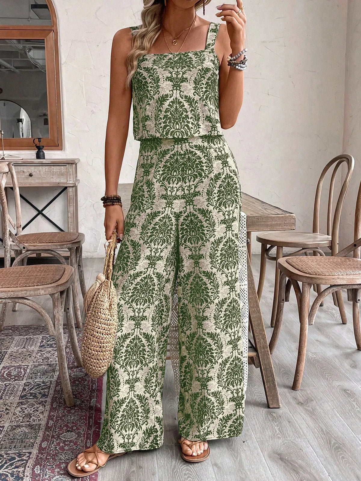 Conjunto Feminino Regata e Calça Soltinho Estampado Retrô