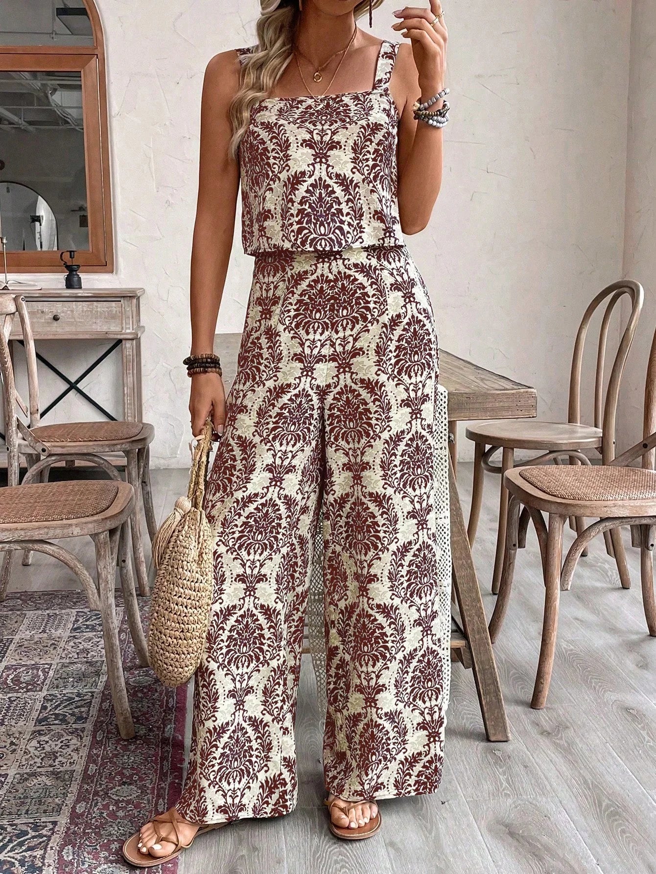 Conjunto Feminino Regata e Calça Soltinho Estampado Retrô