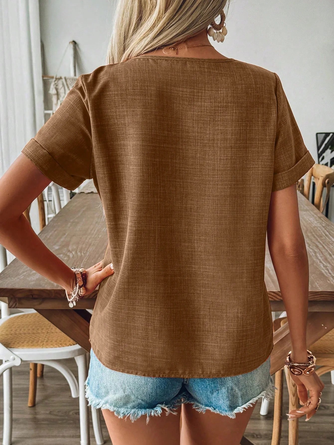 Blusa Manga Curta Feminina de Linho com Botões