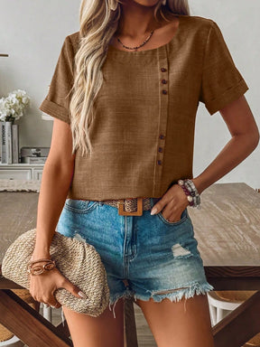 Blusa Manga Curta Feminina de Linho com Botões