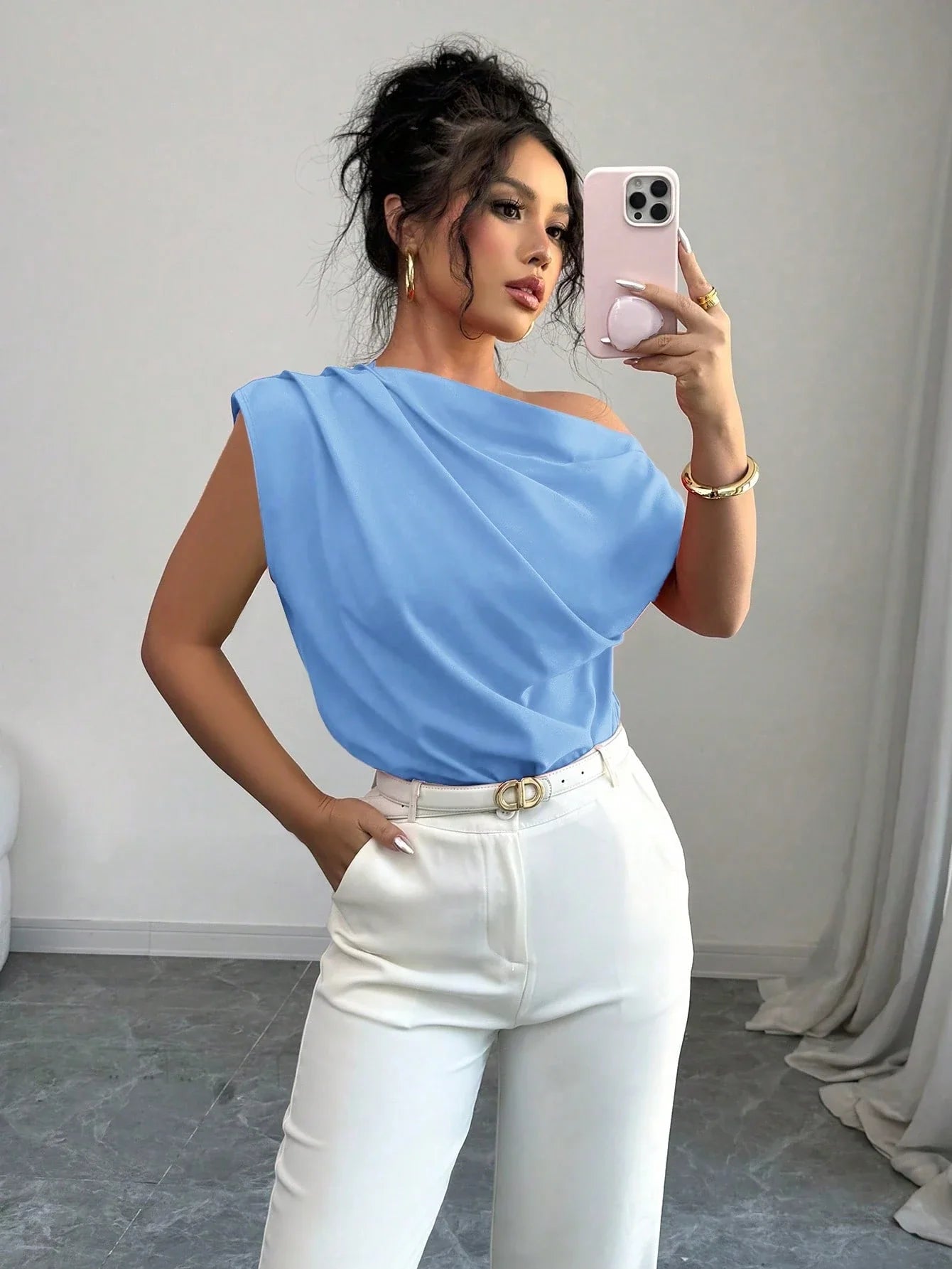 Blusa Elegante Feminina Manga Curta Assimétrica
