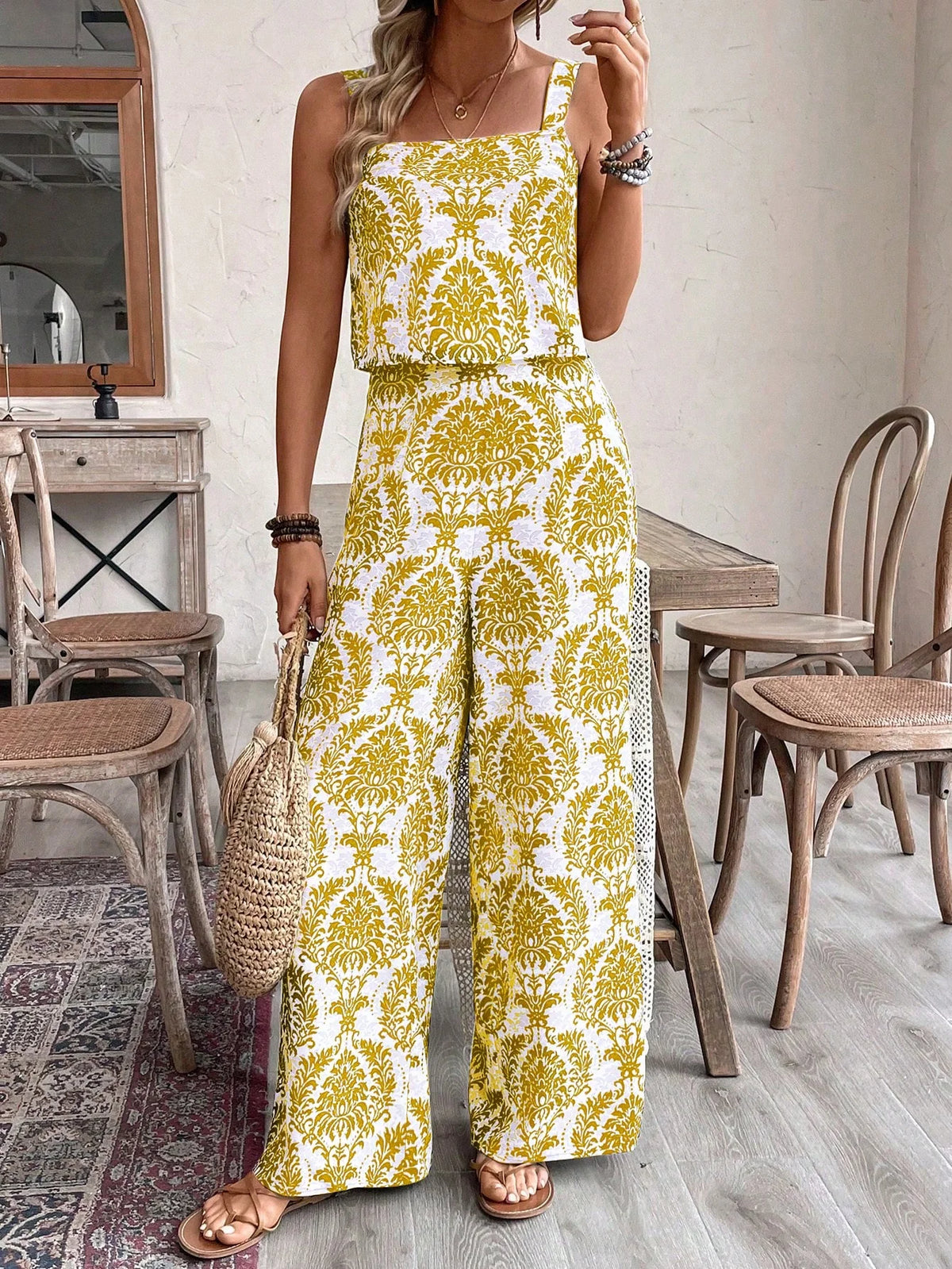 Conjunto Feminino Regata e Calça Soltinho Estampado Retrô