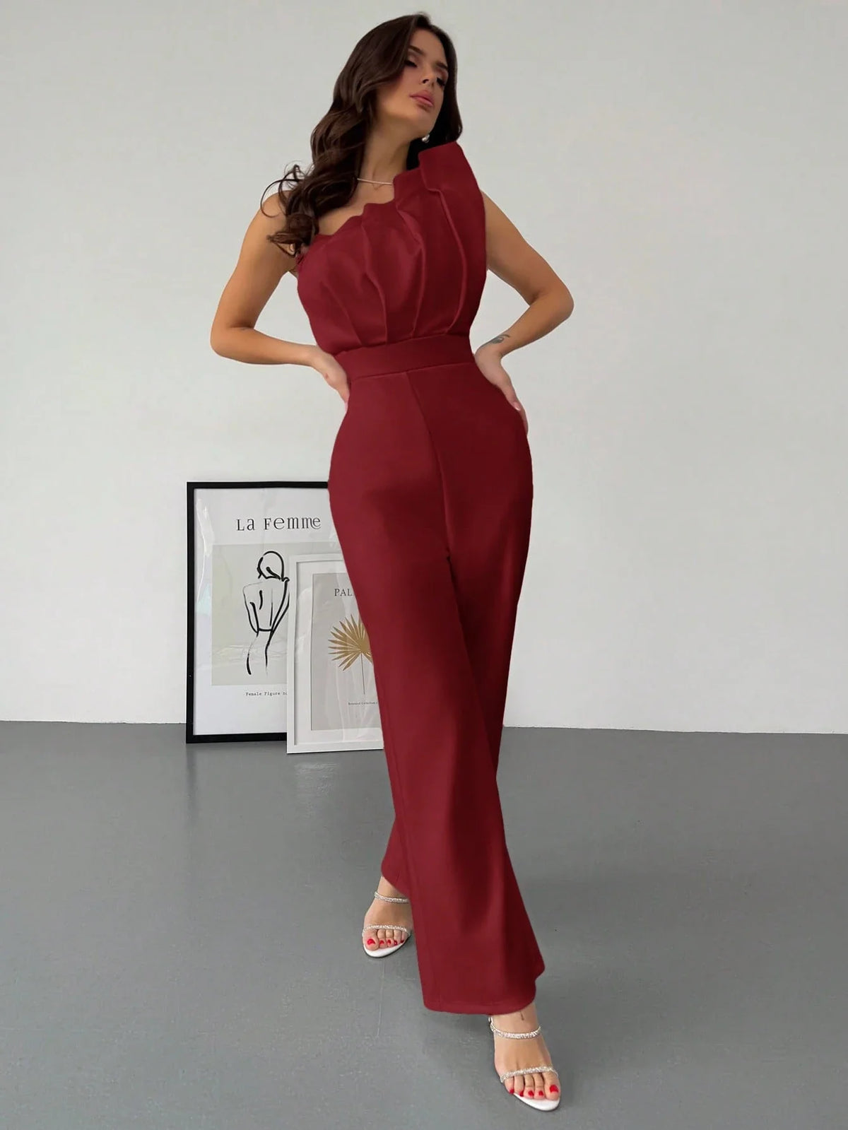 Macacão Feminino Elegante Plissado Um Ombro Só